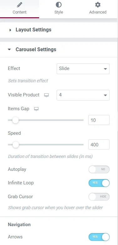 editing carousel settings