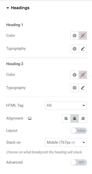 Headings settings