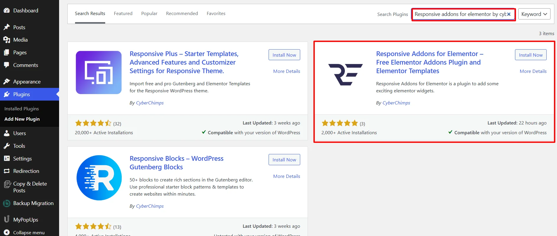 Searching for Responsive Addons for Elementor
