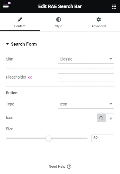 Serach bar widget content settings