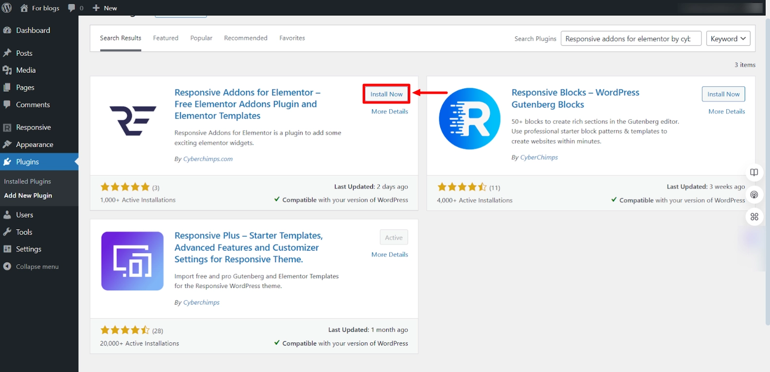 Installing Responsive addons for elementor
