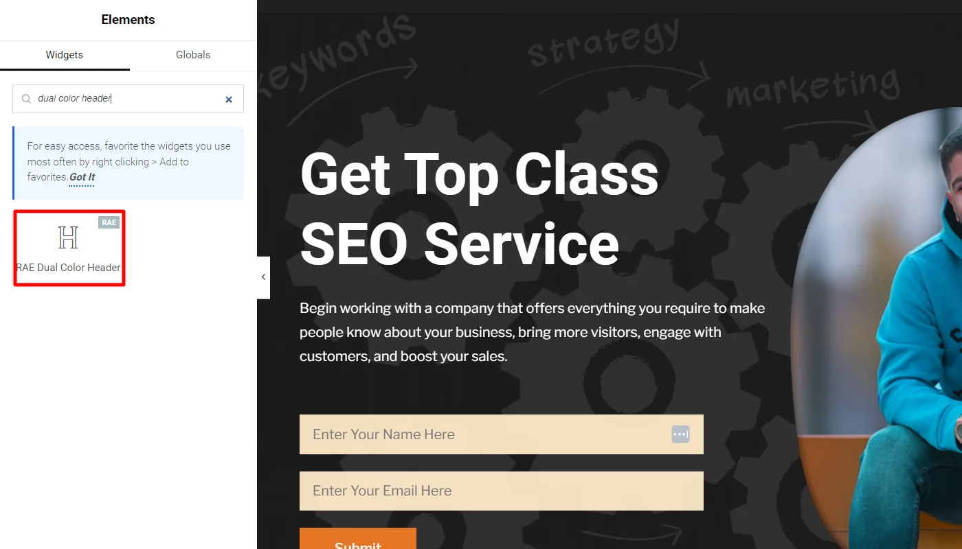 searching dual color header widget