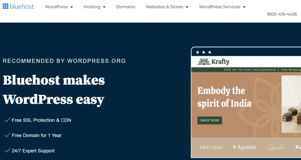 Homepage of the Bluehost hosting platform.