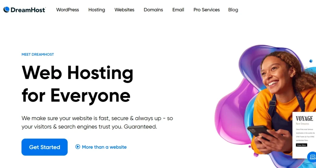 Homepage of the DreamHost web hosting platform.