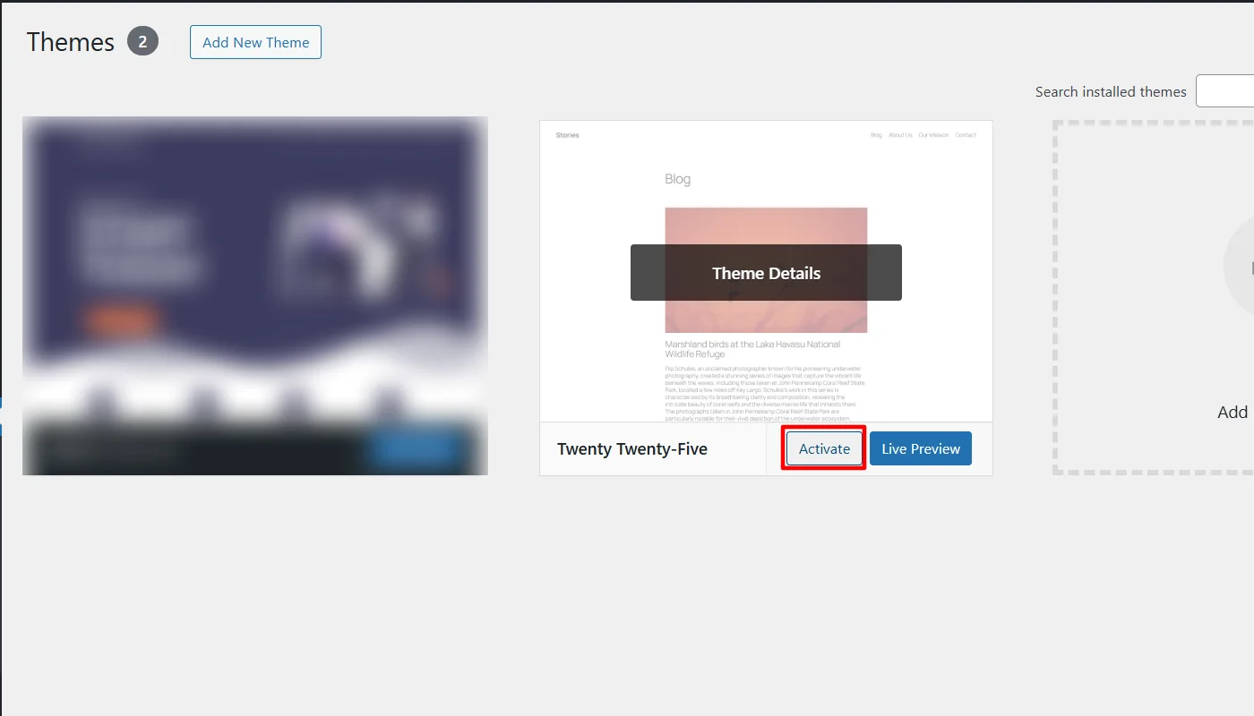 Activating default theme