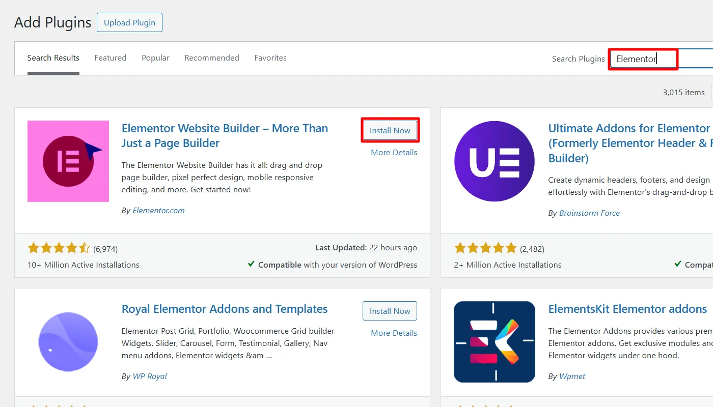 Searching and installing Elementor