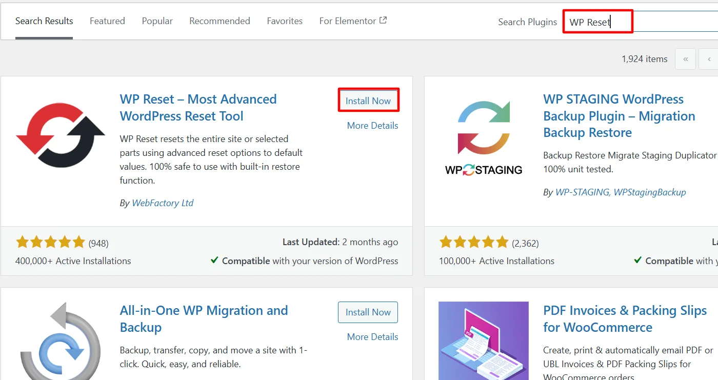 Installing WP reset