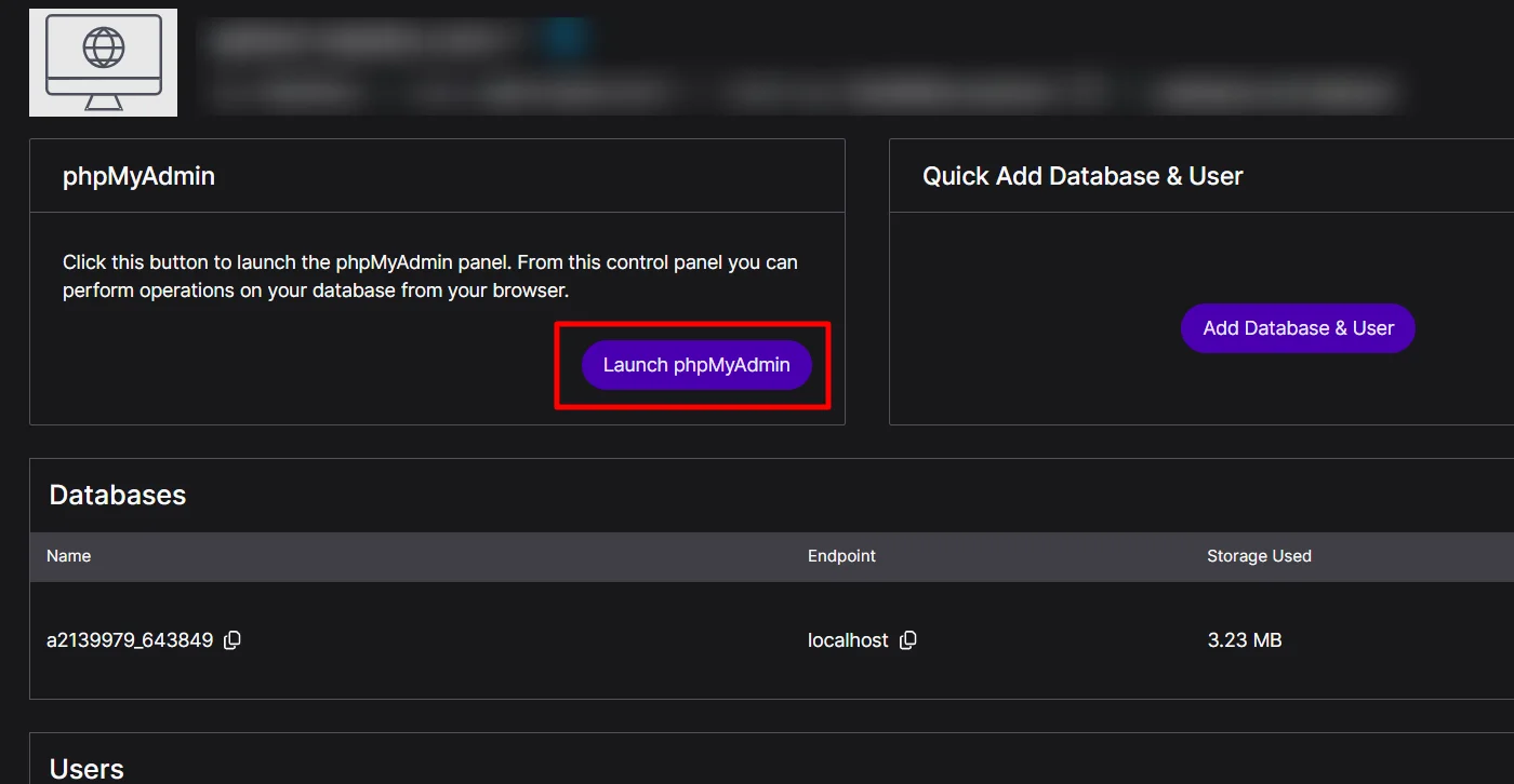 Launching the phpMyAdmin tool.
