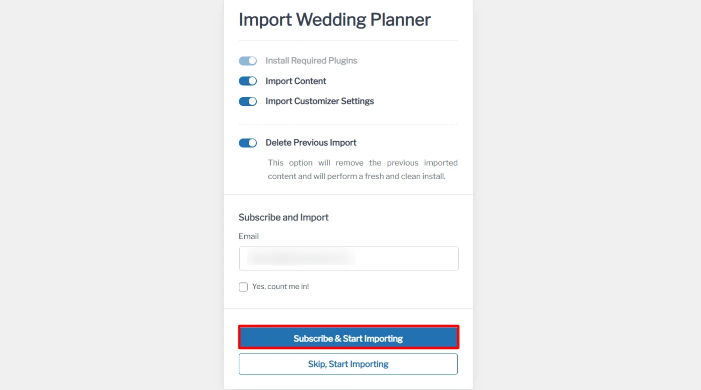 Clicking subscribe and start importing