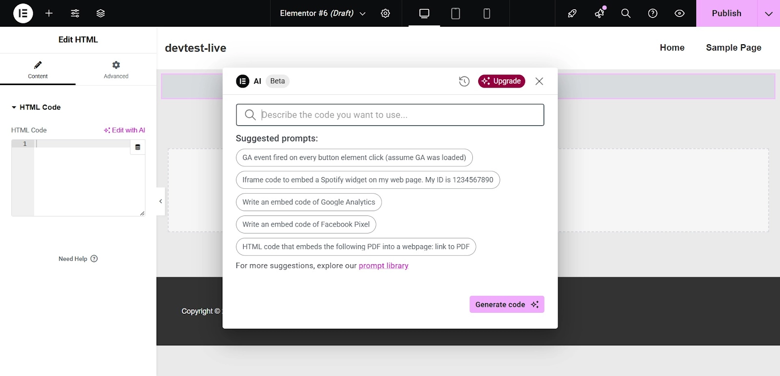 code generation popup