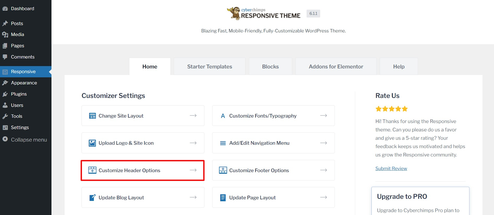 Customize Header Options
