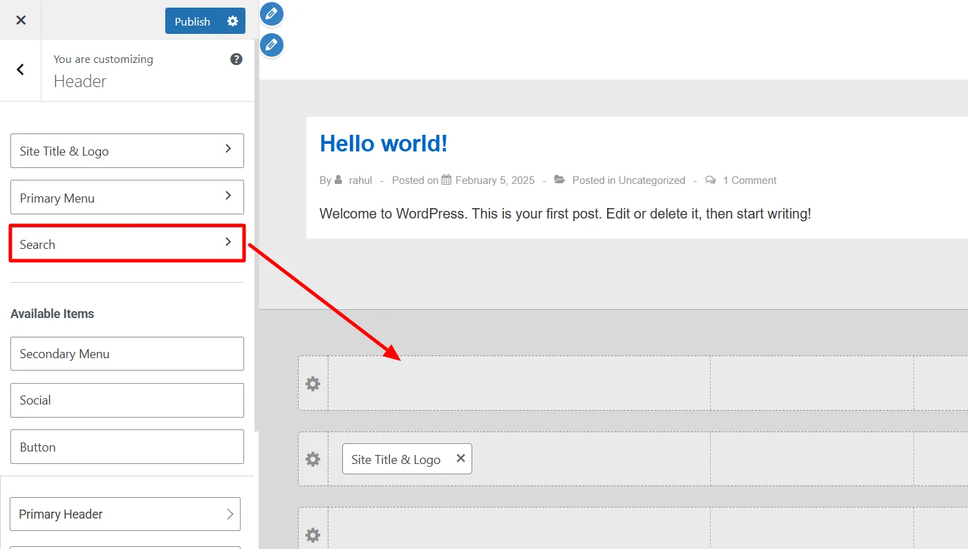 Dragging and dropping the search widget