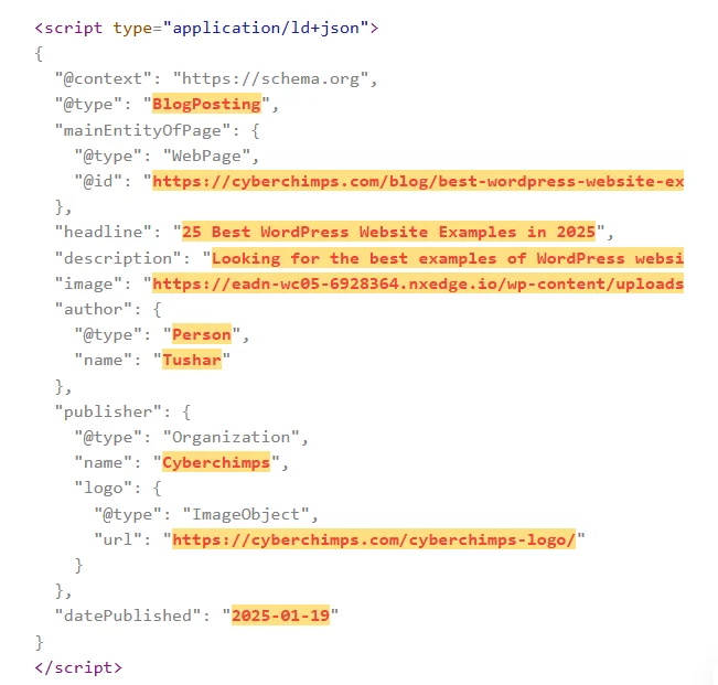Example of Shema markup of an article