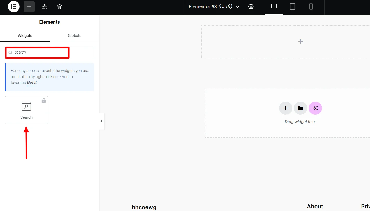 Searching the search widget in elementor panel