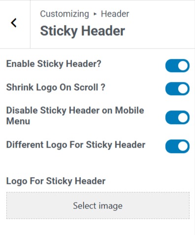 Sticky header settings