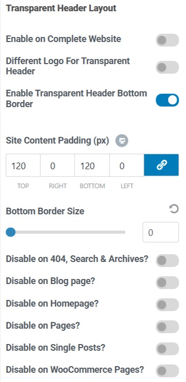 Transparent header settings