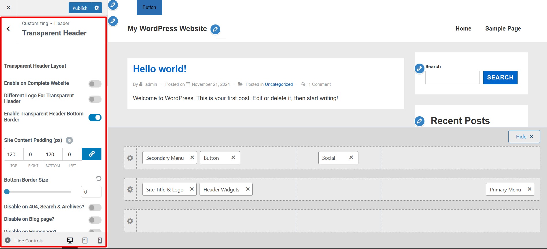 Customizing transparent header