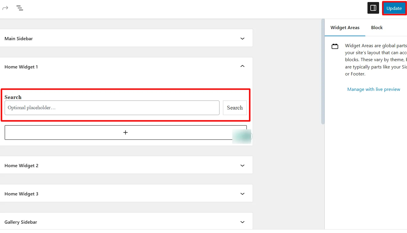 Adding widget and clicking update