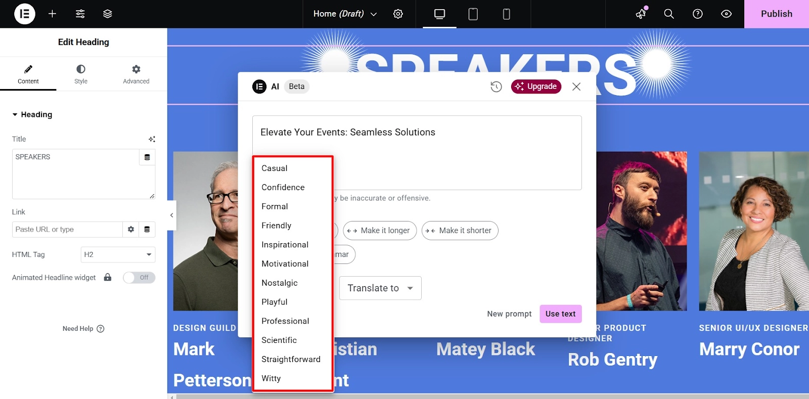 change the tone in Elementor AI