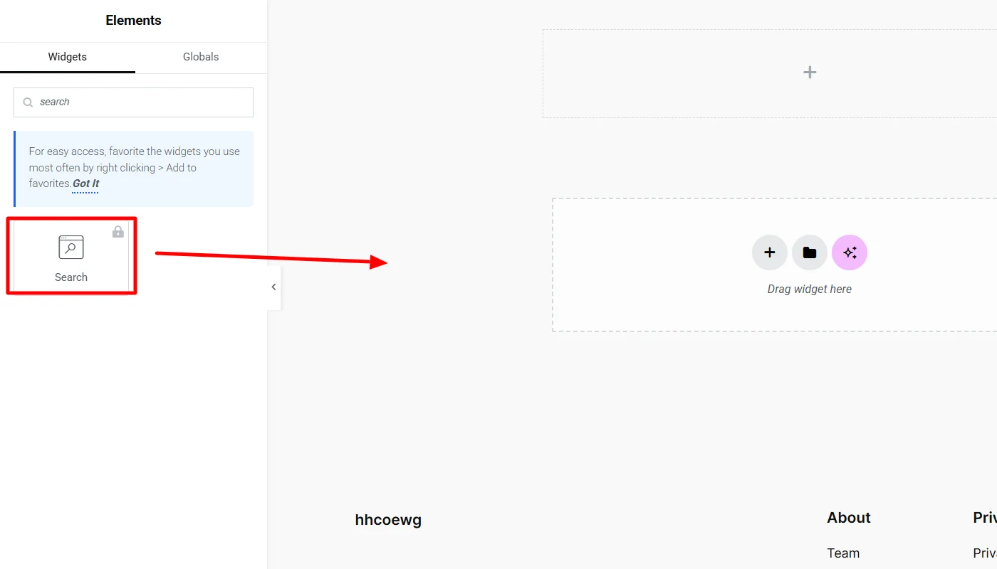 Dragging and dropping the search widget on page