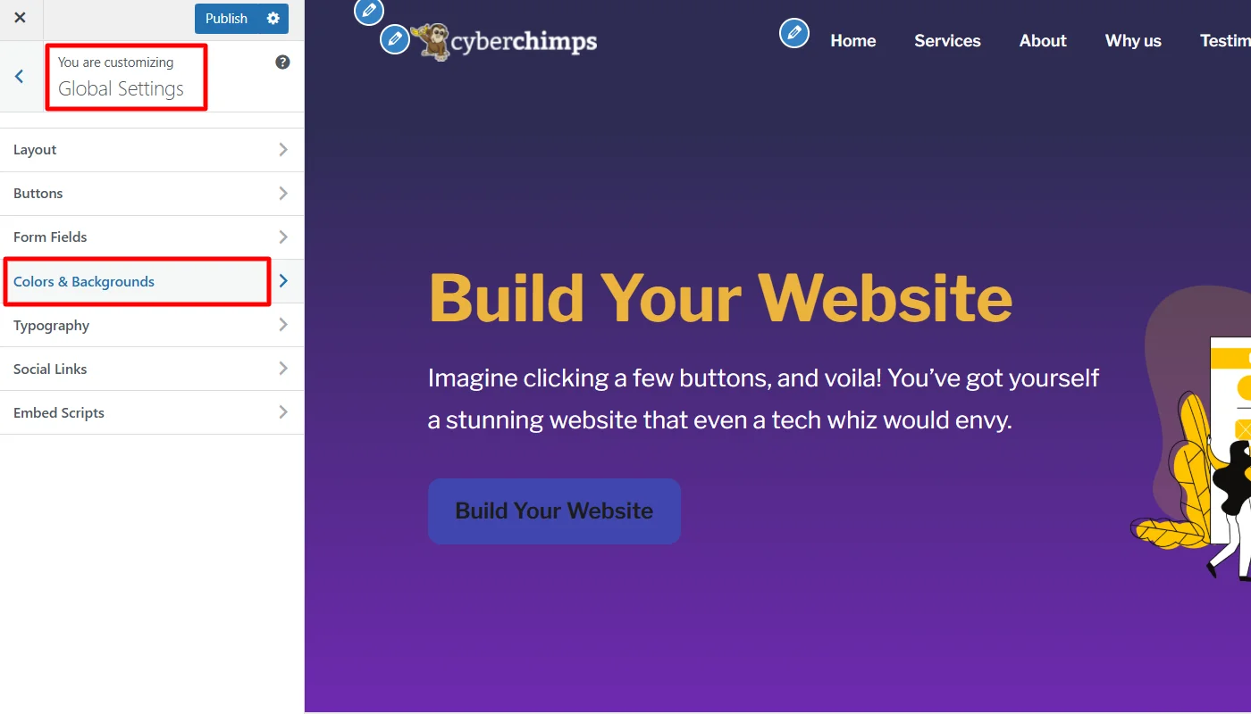 Clicking global settings then colors and backgrounds
