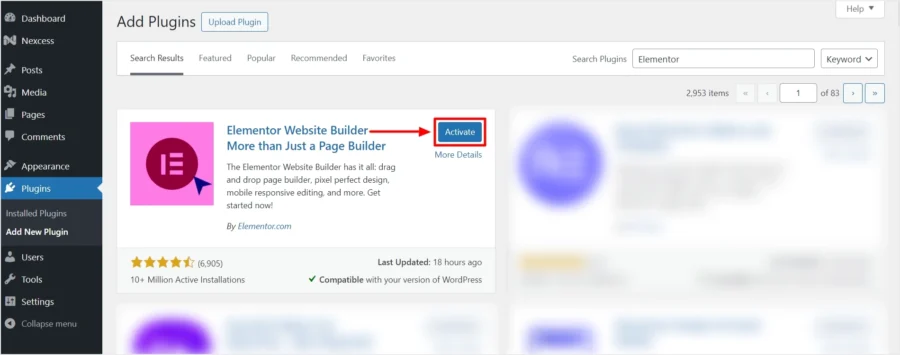 Activating Elementor plugin