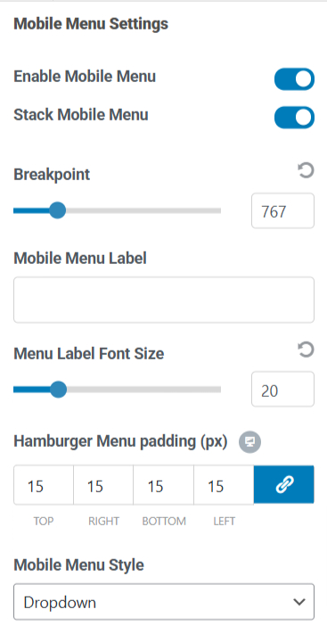 Mobile menu settings