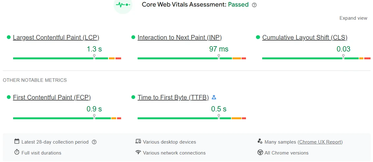 Website core web vitals example