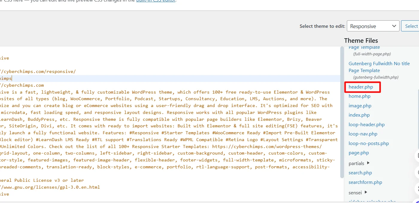 click on header.php