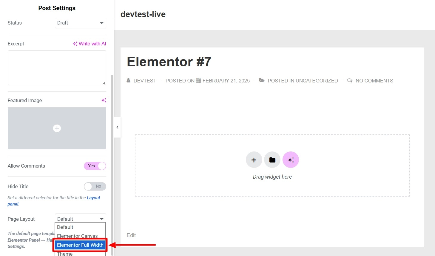 Select Elementor full width