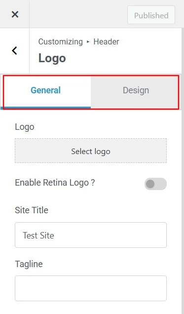 General and design tabs in header builder
