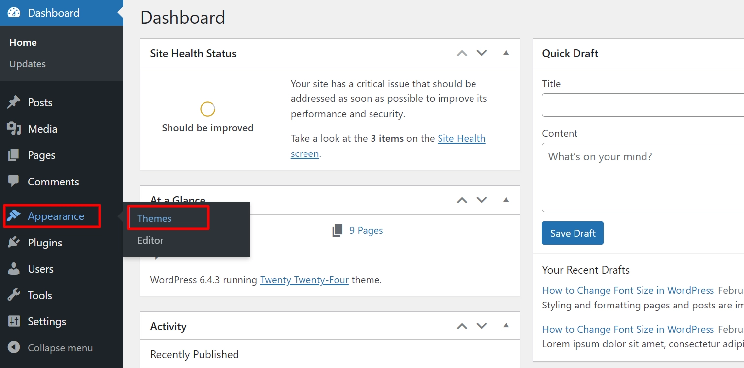 Clicking on themes from appearance tab in dashboard