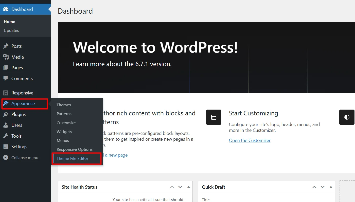 Clicking on Theme File Editor from appearance tab in dashboard