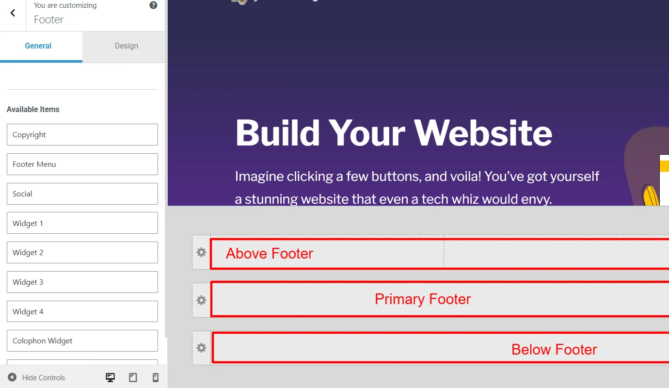 Rows in theme customizer footer