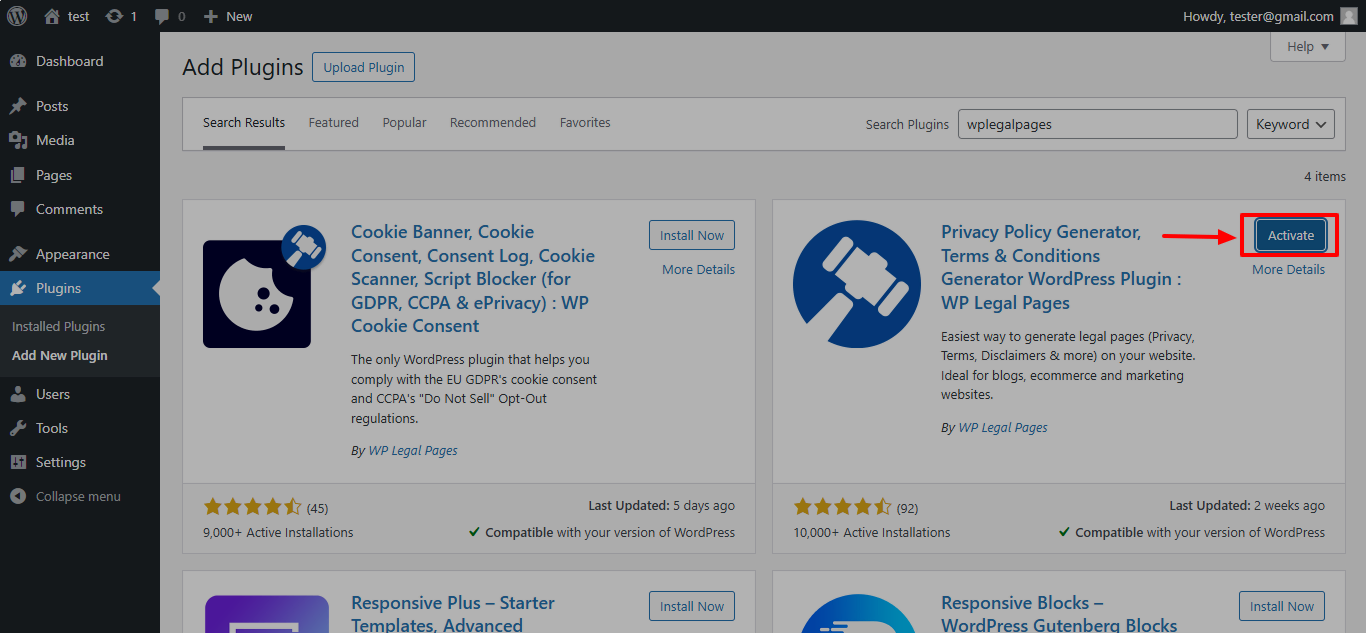 Activating WP Legal pages Plugin