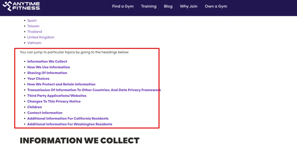 Anytime Fitness Privacy Policy Example 