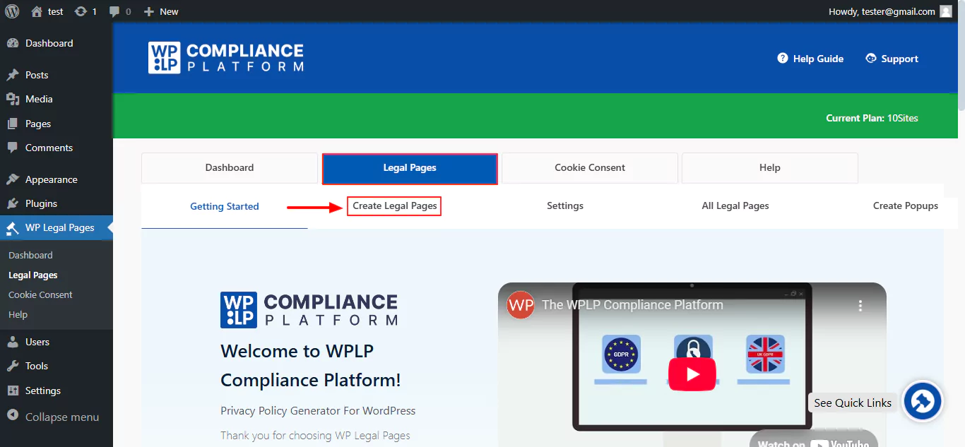 Clicking on create legal pages