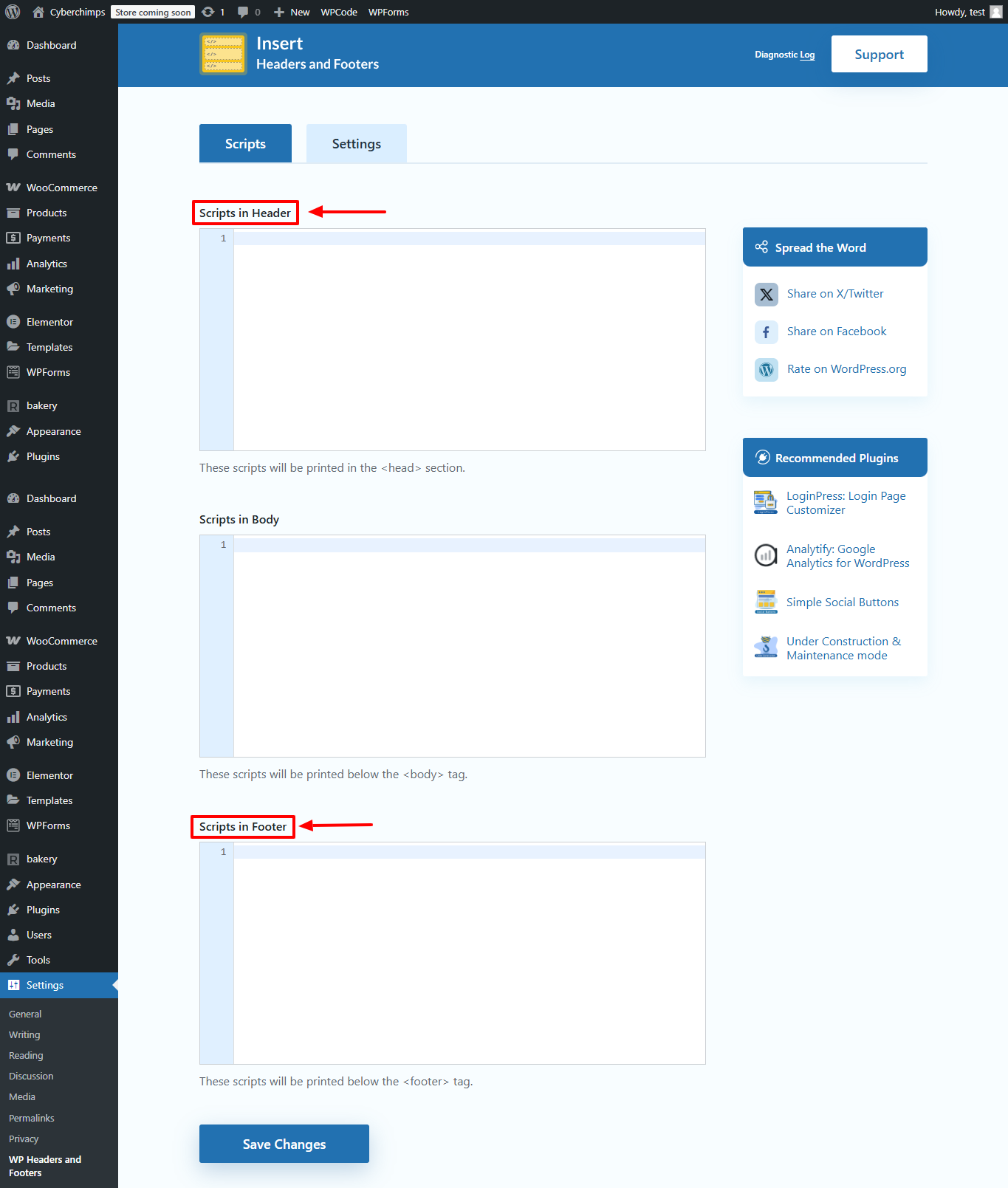 script in header and footer