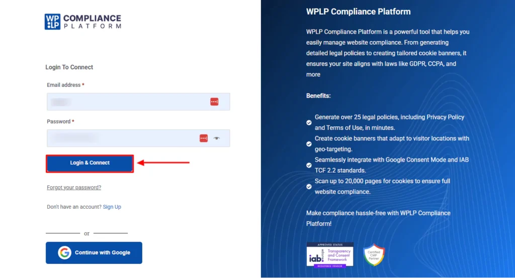 Login to connect your site to WP legal pages