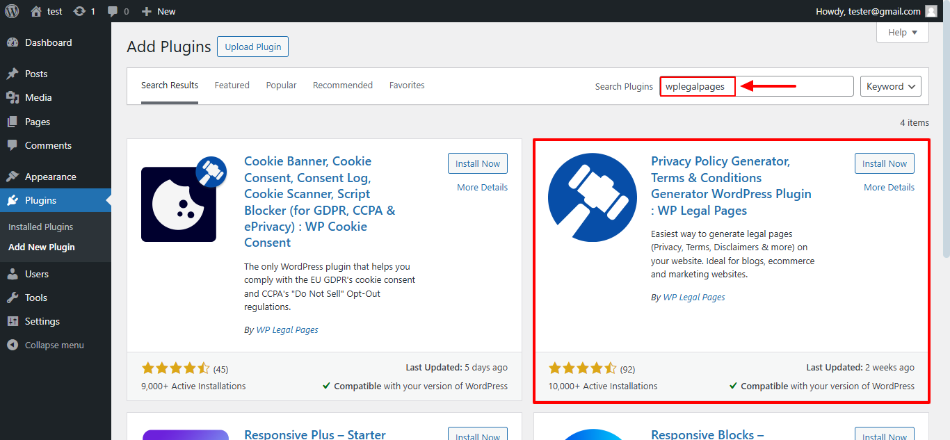 Search for WP Legal Pages Plugin