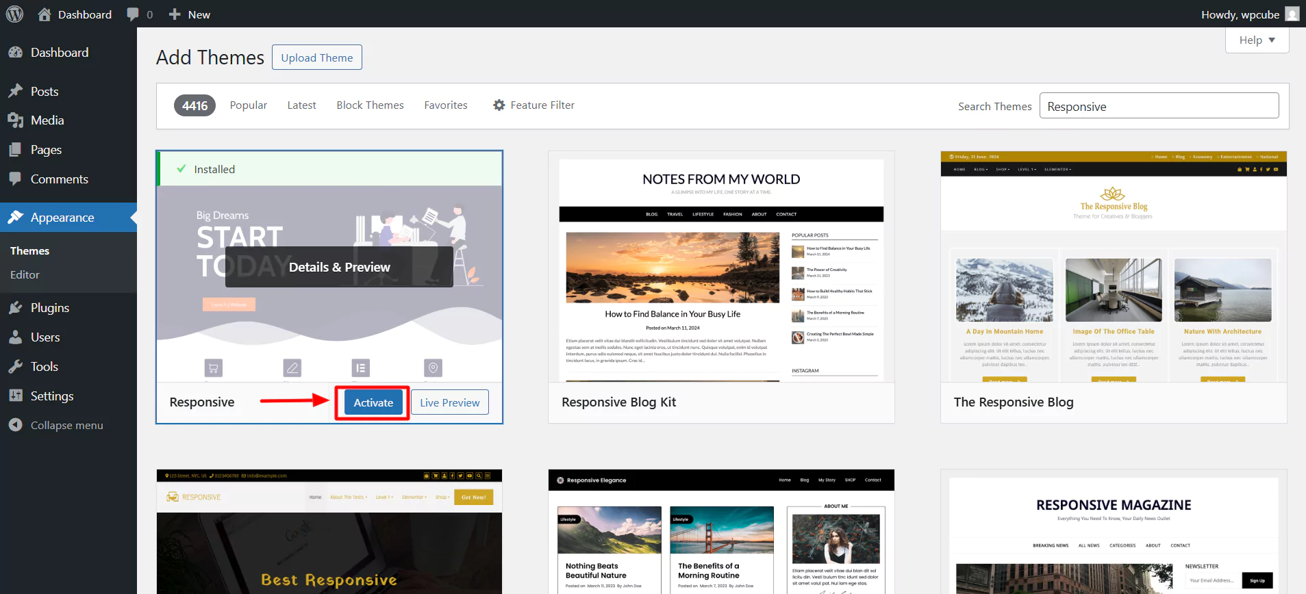 Activating Responsive theme