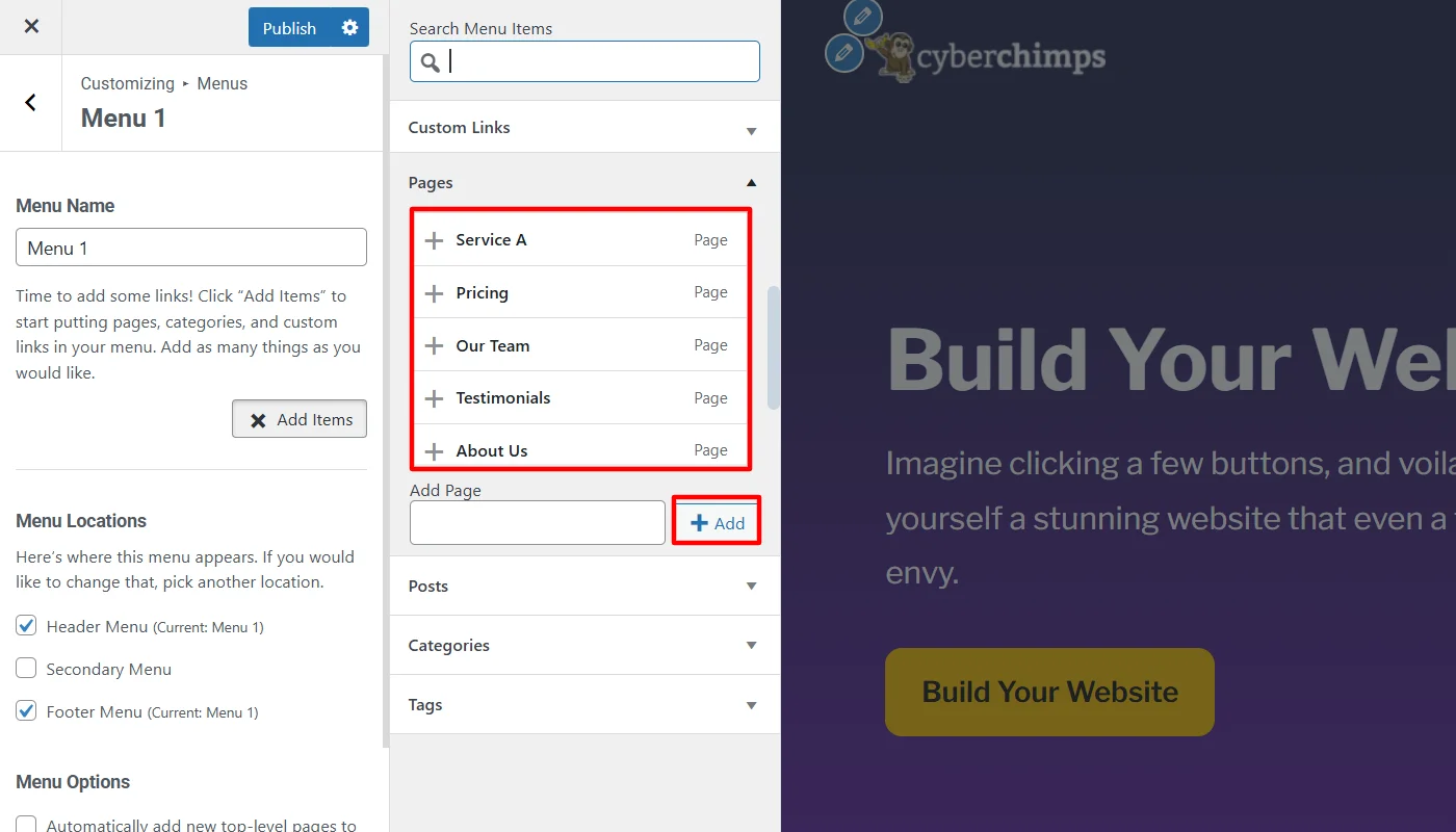 adding pages to menu