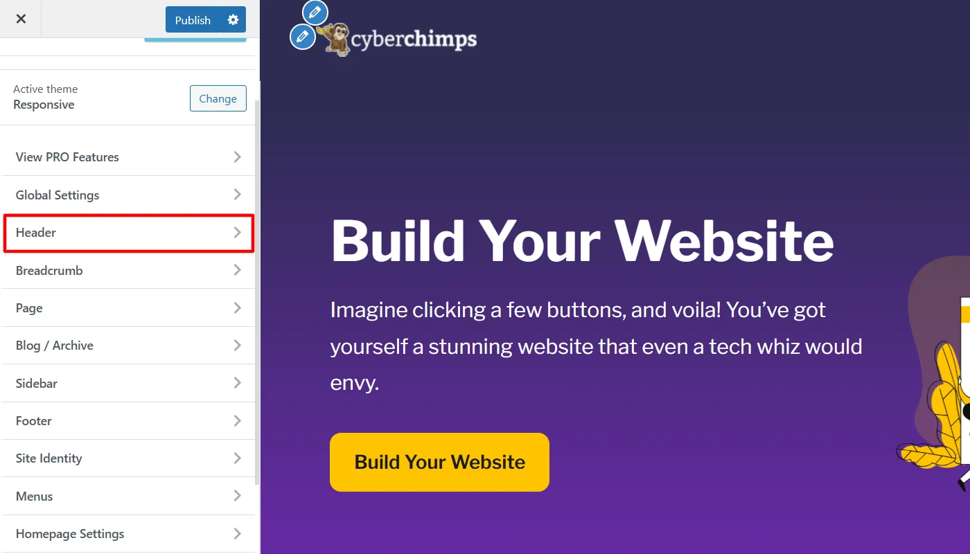 Clicking header in theme customizer