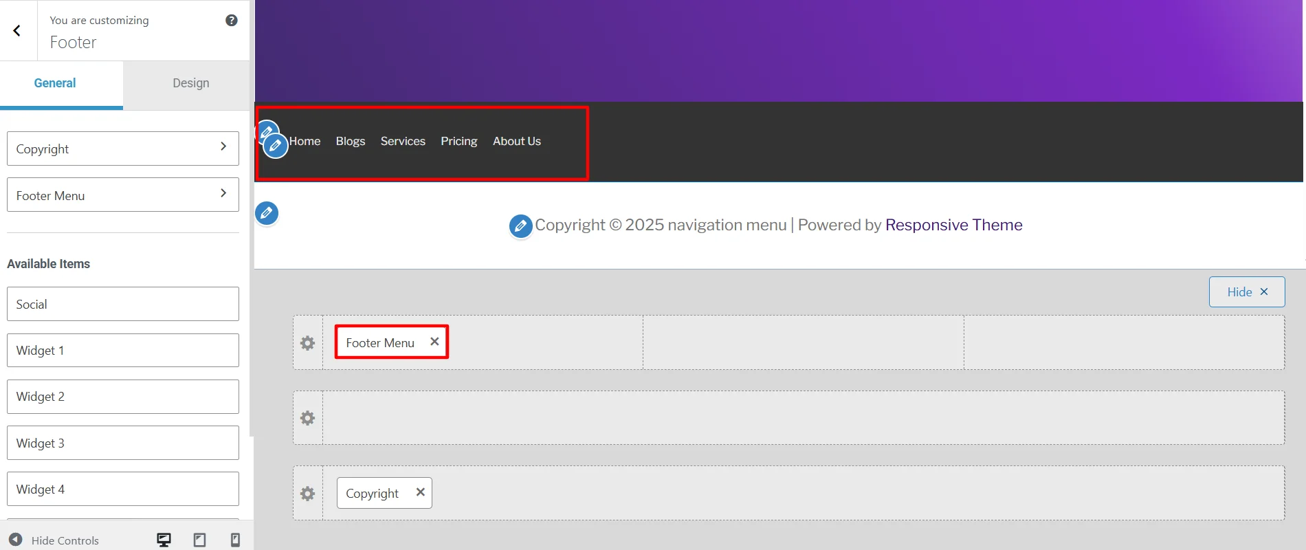Clicking footer menu to customize