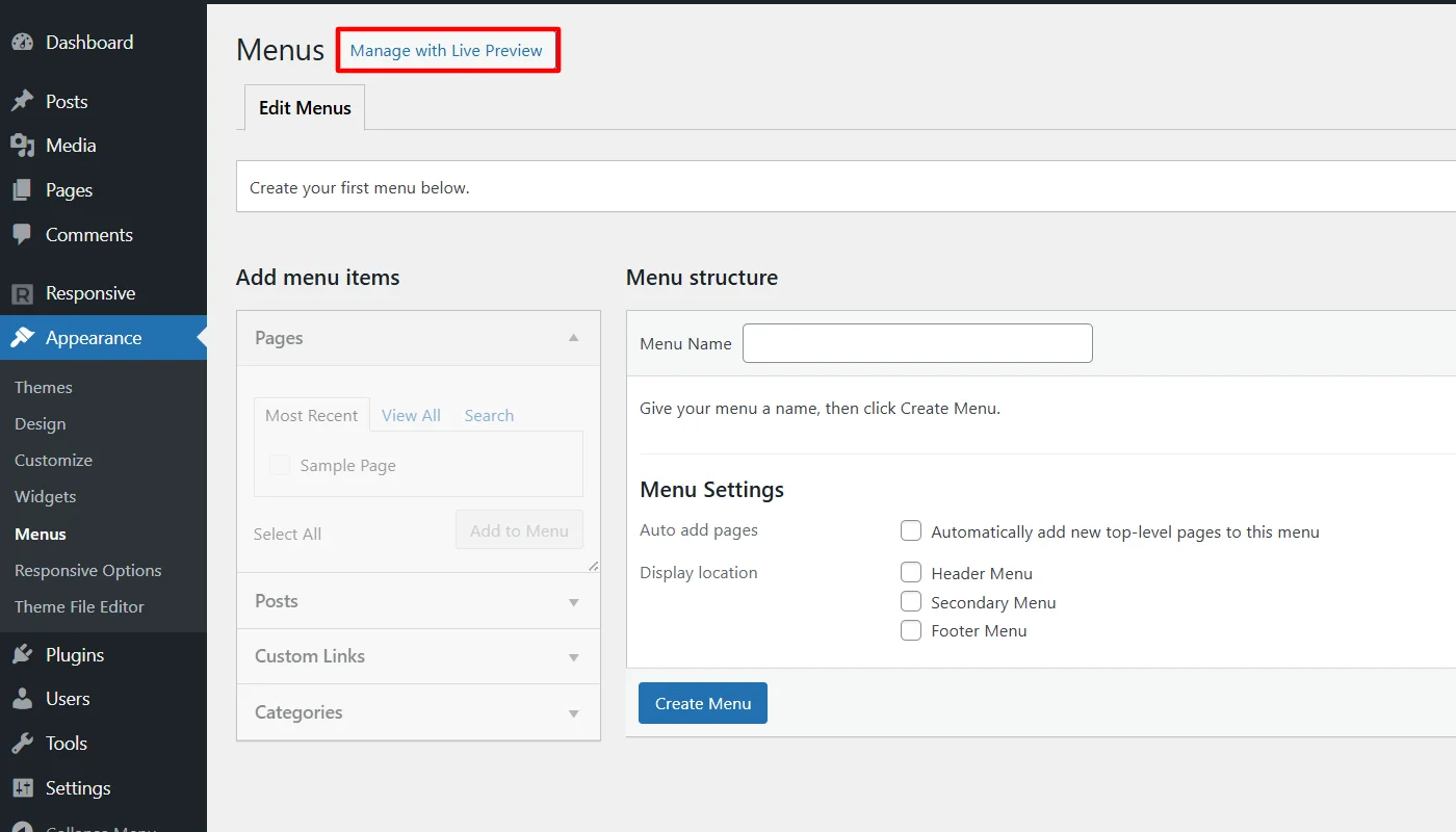 Clicking manage with live preview