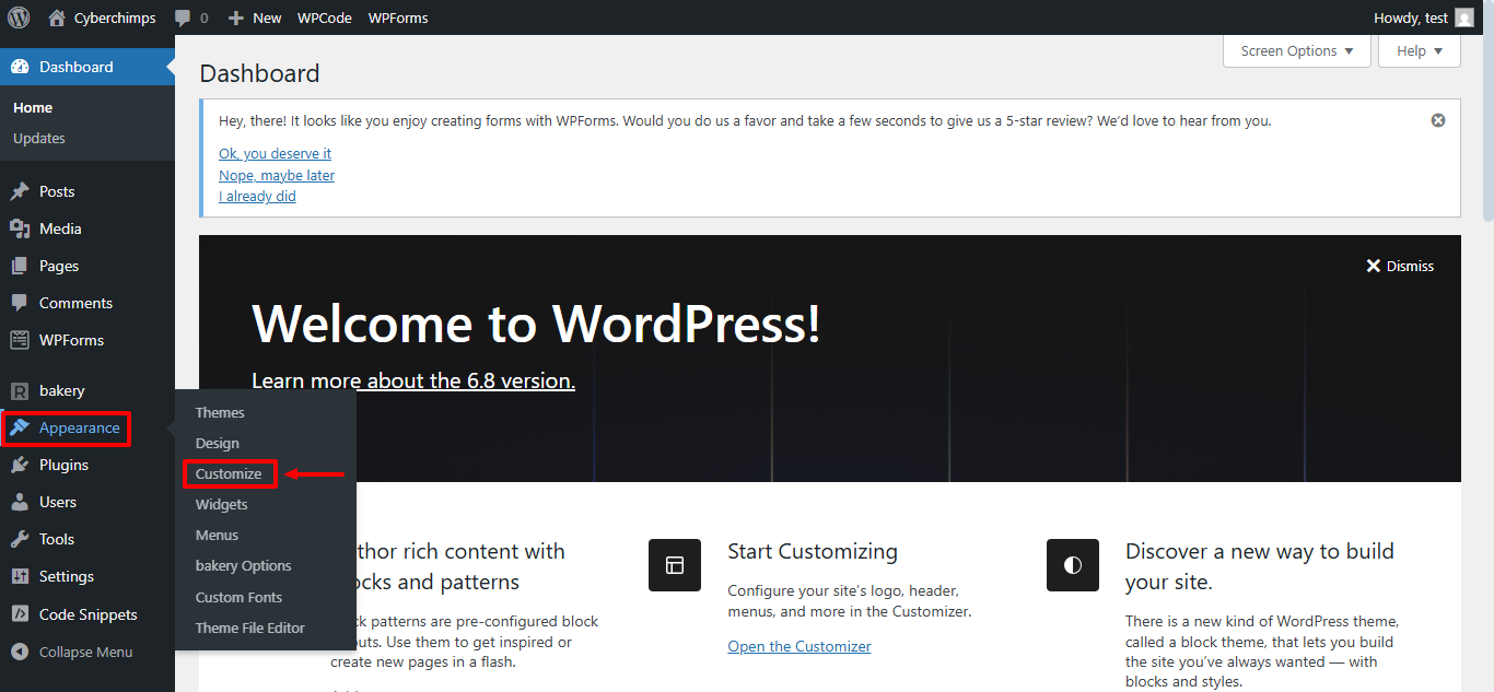 Clicking customize from appearance