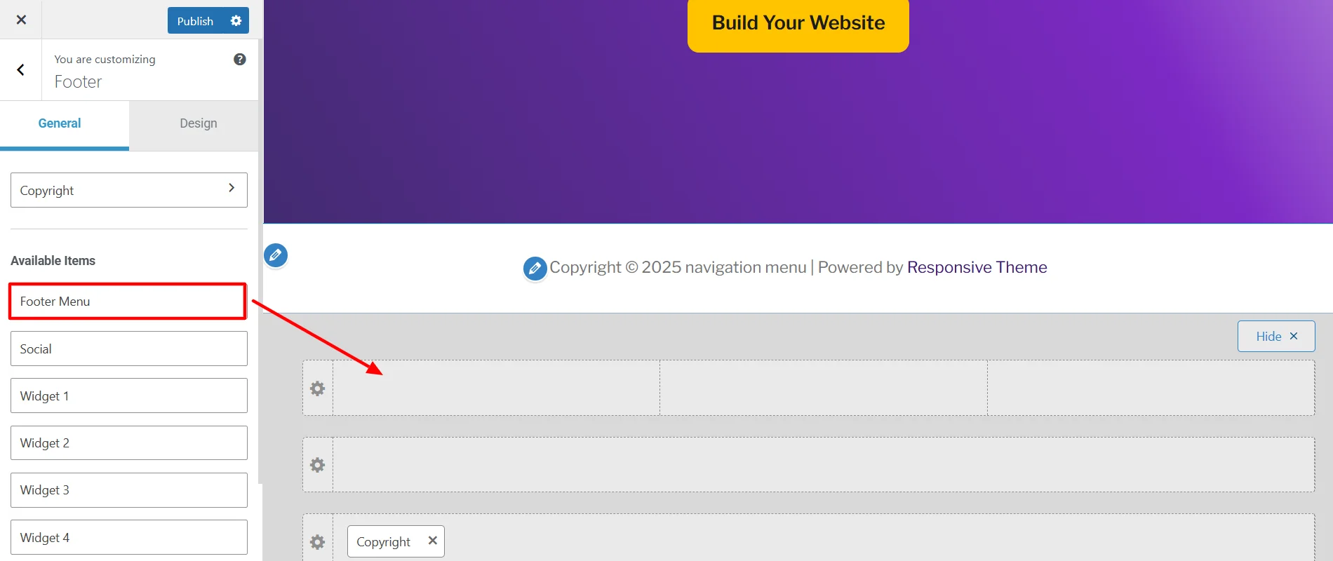 Dragging and dropping footer menu