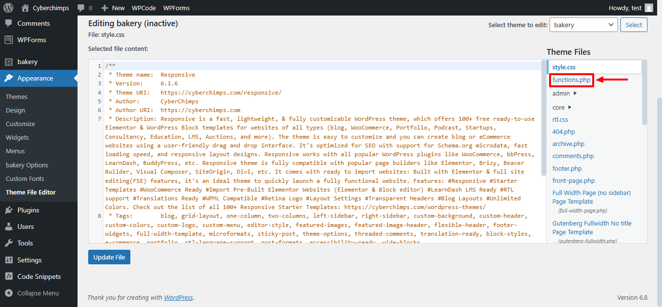 Choosing functions.php from the Theme Files