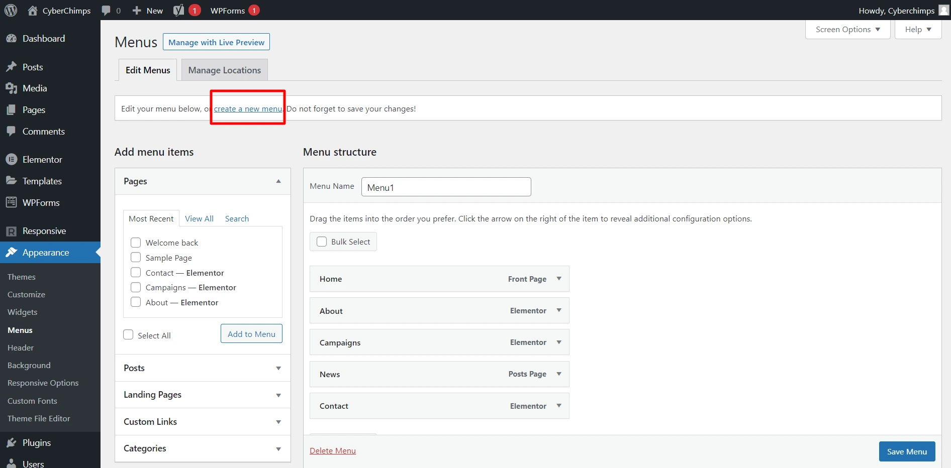 Clicking create a new menu
