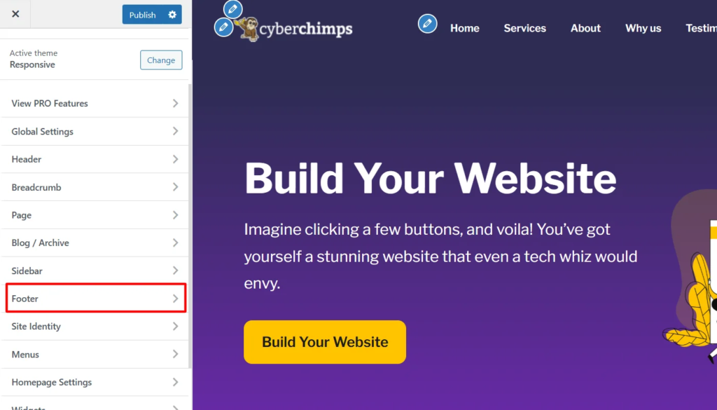 Clicking footer in customizer settings